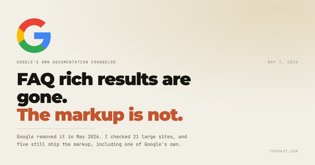 FAQ rich results are gone. 5 of 21 big sites still ship the markup.