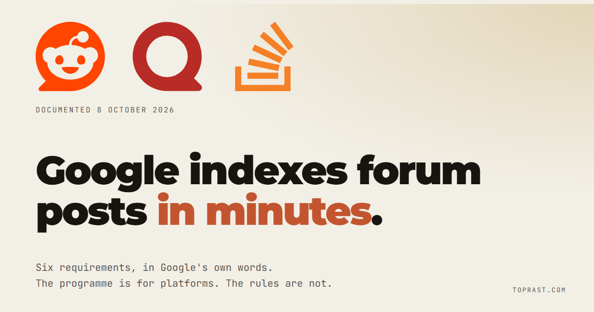 Google indexes forum posts in minutes. Here are the 6 rules to qualify.
